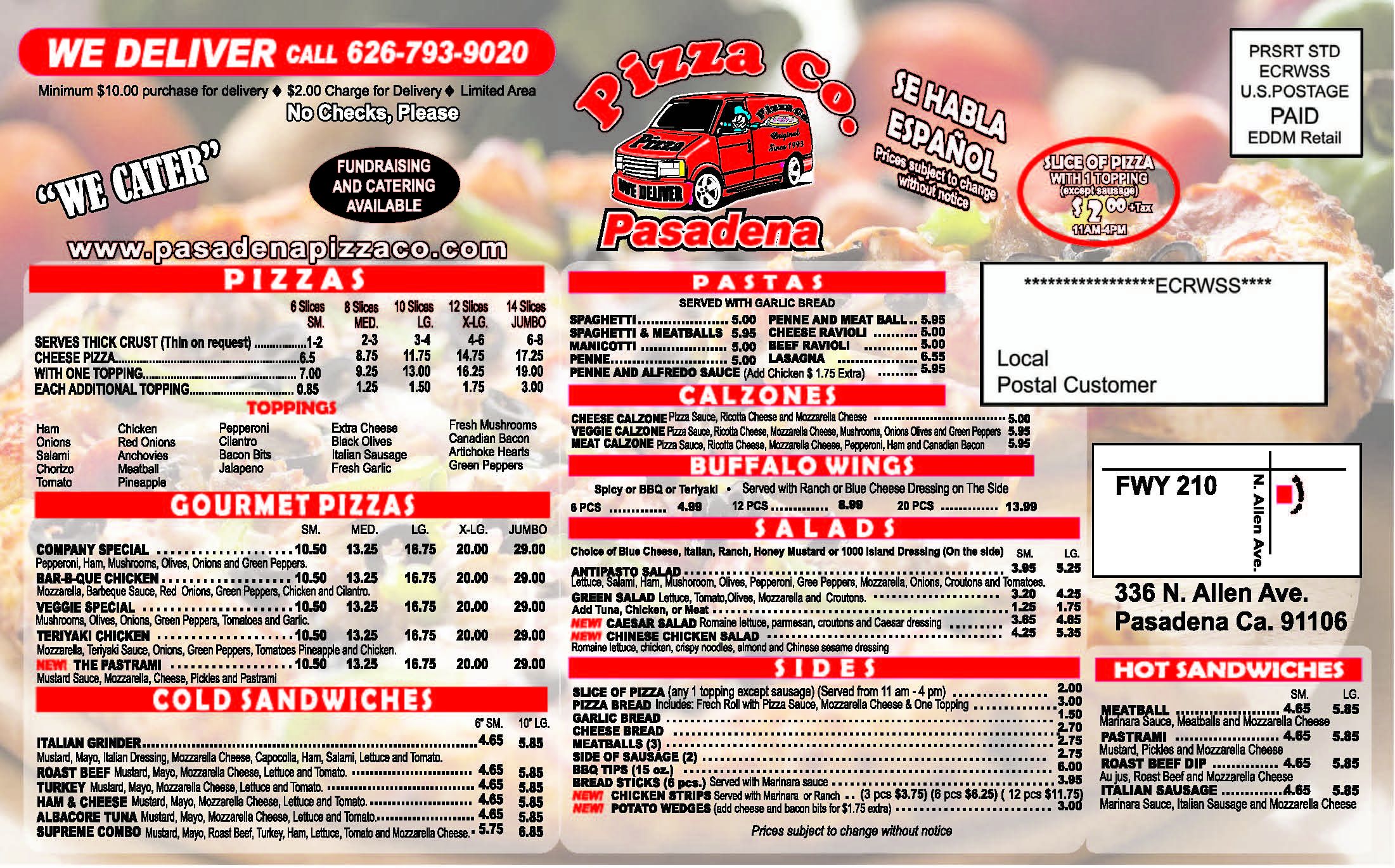 Pasadena Pizza Company Menu
